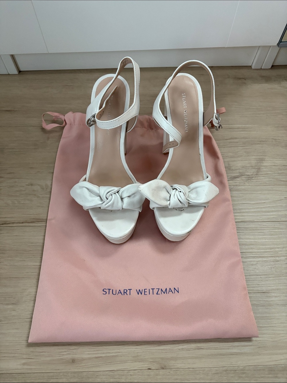 Stuart Weitzman White Knotted Platform Slingback Sandals